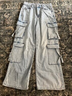 SO Light Wash Denim Wide Leg Cargo Jeans